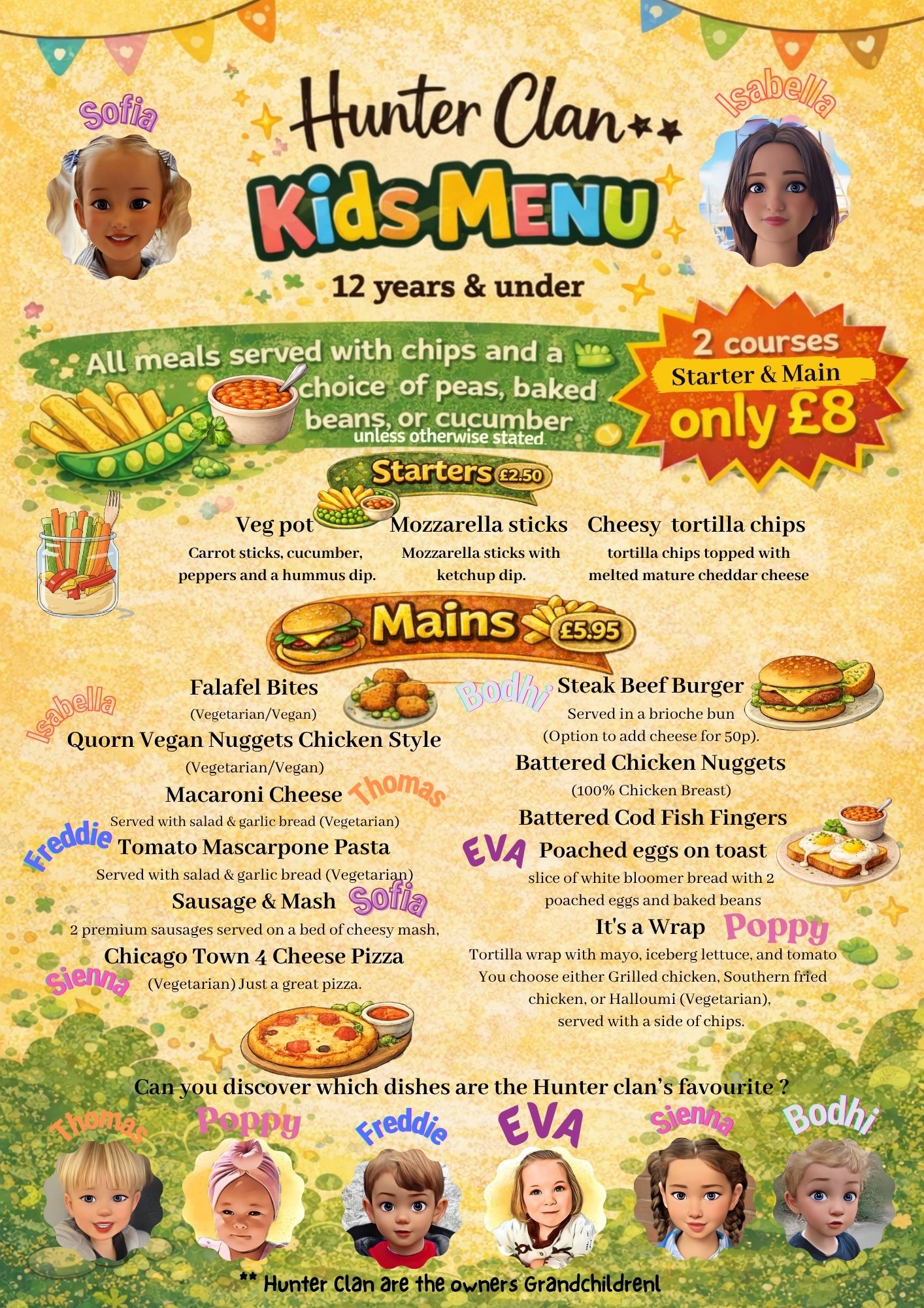 The Happy Cheese Hunter Clan children's starters and main meals menu for ages 12 and under